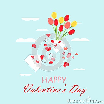 Happy Valentine`s Day banner. Envelope with heart tulip white cloud on blue art design stock vector illustration Vector Illustration